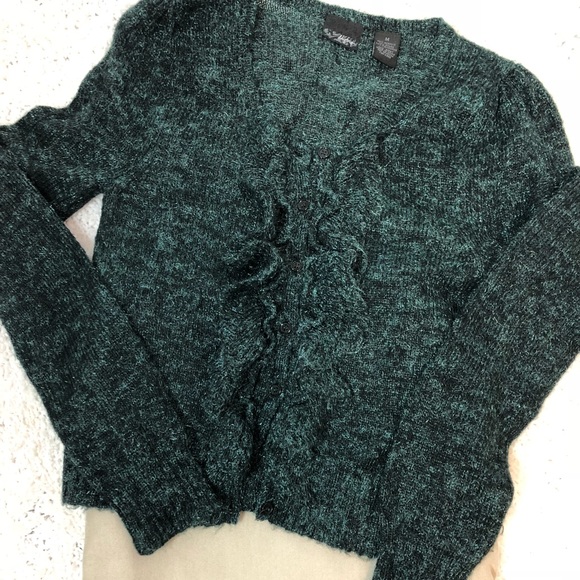 Daytrip Sweaters - DayTrip Green Shimmer Ruffle Cardigan